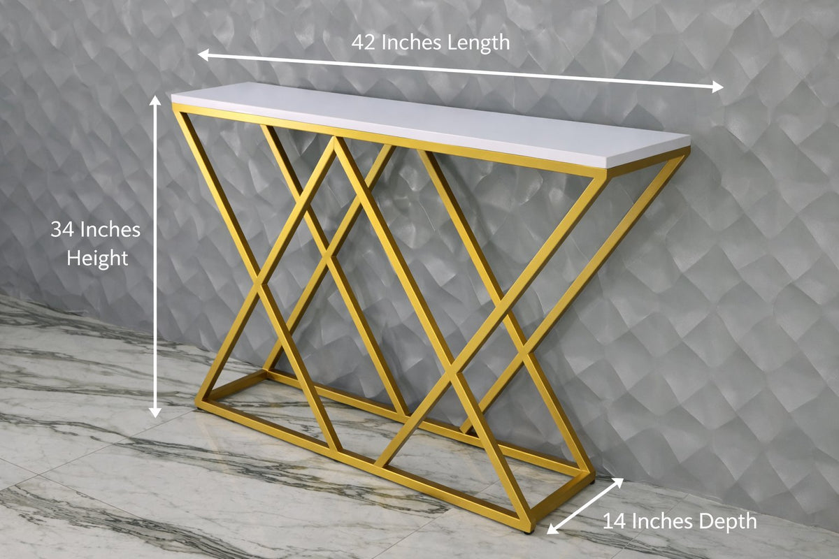 Luxury Gold Metal Console Table with White Top – Geometric Frame