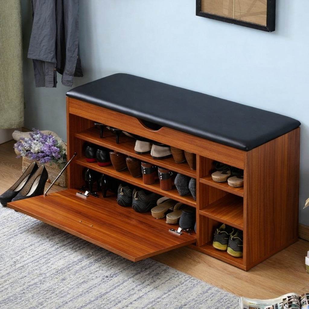 36” Wooden Shoe Storage Bench with Cushion & Flip-Down Door – Entryway Organizer