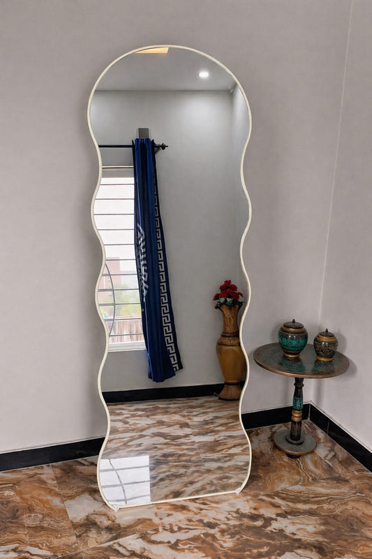 6x2 Ft Off-White Full Length Mirror with Stand | Modern Wavy Design