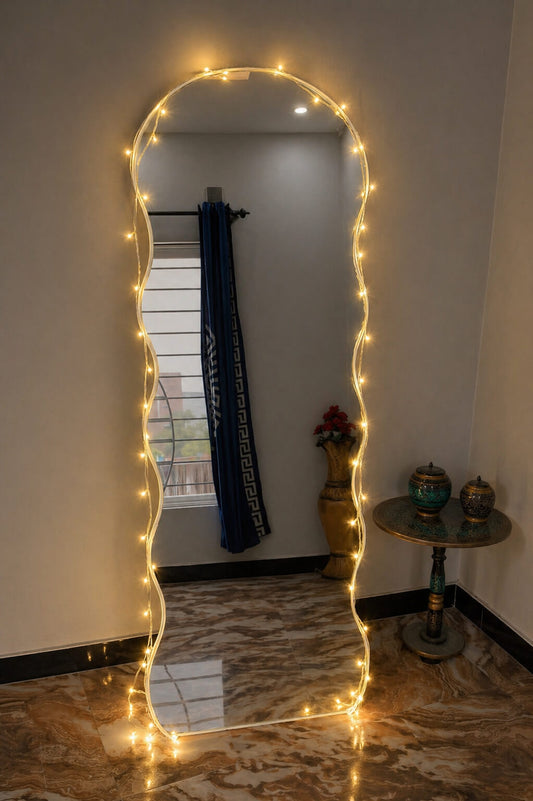 6x2 Ft Off-White Full Length Mirror with Stand | Modern Wavy Design